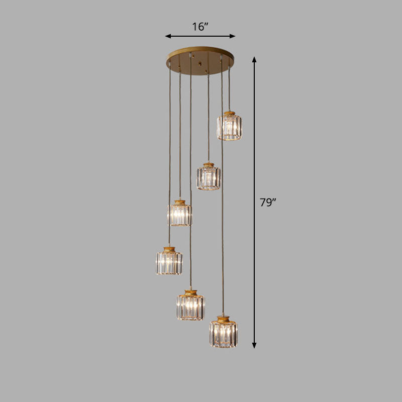 Spiral Cylinder Multi Ceiling Lamp Contemporary Prismatic Crystal Stairwell Suspension Light Fixture 6 Gold White Clearhalo 'Ceiling Lights' 'Modern Pendants' 'Modern' 'Pendant Lights' 'Pendants' Lighting' 2253579