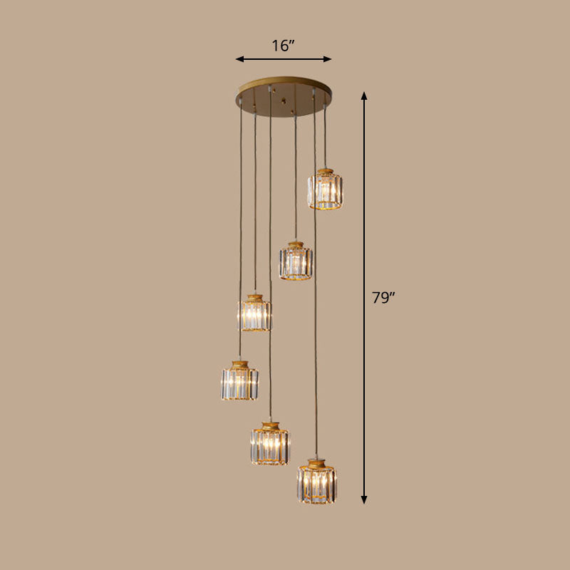 Spiral Cylinder Multi Ceiling Lamp Contemporary Prismatic Crystal Stairwell Suspension Light Fixture 6 Gold Third Gear Clearhalo 'Ceiling Lights' 'Modern Pendants' 'Modern' 'Pendant Lights' 'Pendants' Lighting' 2253581