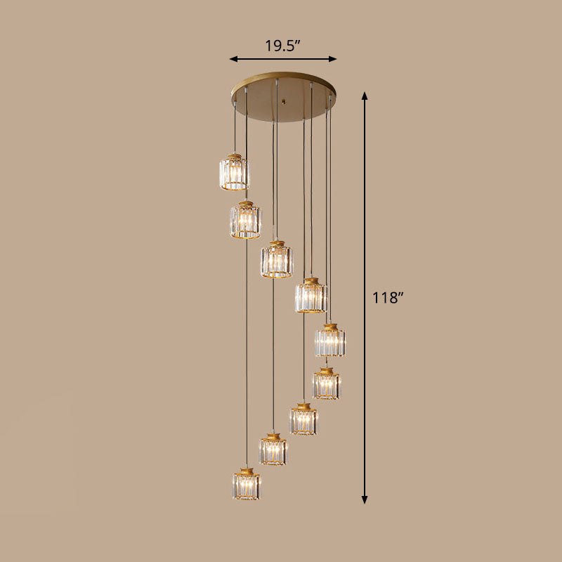 Spiral Cylinder Multi Ceiling Lamp Contemporary Prismatic Crystal Stairwell Suspension Light Fixture 9 Gold Third Gear Clearhalo 'Ceiling Lights' 'Modern Pendants' 'Modern' 'Pendant Lights' 'Pendants' Lighting' 2253583