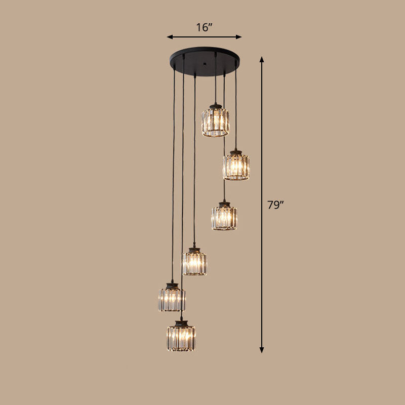 Spiral Cylinder Multi Ceiling Lamp Contemporary Prismatic Crystal Stairwell Suspension Light Fixture 6 Black Warm Clearhalo 'Ceiling Lights' 'Modern Pendants' 'Modern' 'Pendant Lights' 'Pendants' Lighting' 2253588