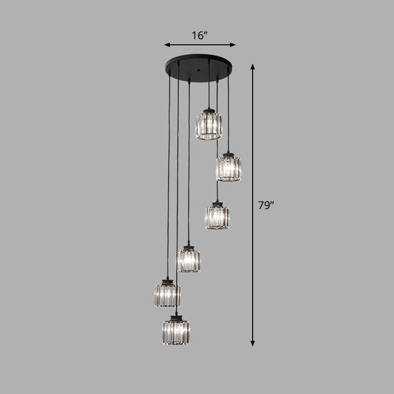 Spiral Cylinder Multi Ceiling Lamp Contemporary Prismatic Crystal Stairwell Suspension Light Fixture 6 Black White Clearhalo 'Ceiling Lights' 'Modern Pendants' 'Modern' 'Pendant Lights' 'Pendants' Lighting' 2253589