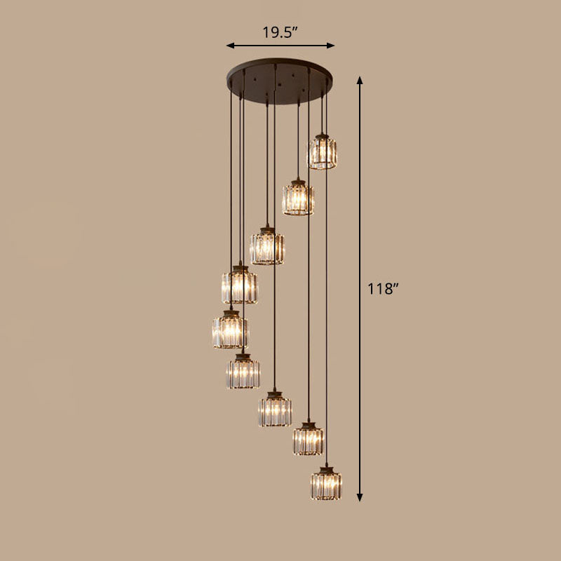 Spiral Cylinder Multi Ceiling Lamp Contemporary Prismatic Crystal Stairwell Suspension Light Fixture 9 Black Third Gear Clearhalo 'Ceiling Lights' 'Modern Pendants' 'Modern' 'Pendant Lights' 'Pendants' Lighting' 2253591