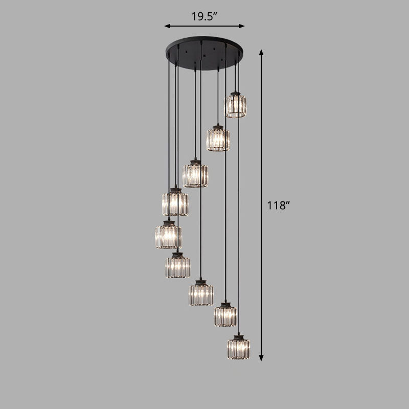 Spiral Cylinder Multi Ceiling Lamp Contemporary Prismatic Crystal Stairwell Suspension Light Fixture 9 Black White Clearhalo 'Ceiling Lights' 'Modern Pendants' 'Modern' 'Pendant Lights' 'Pendants' Lighting' 2253593