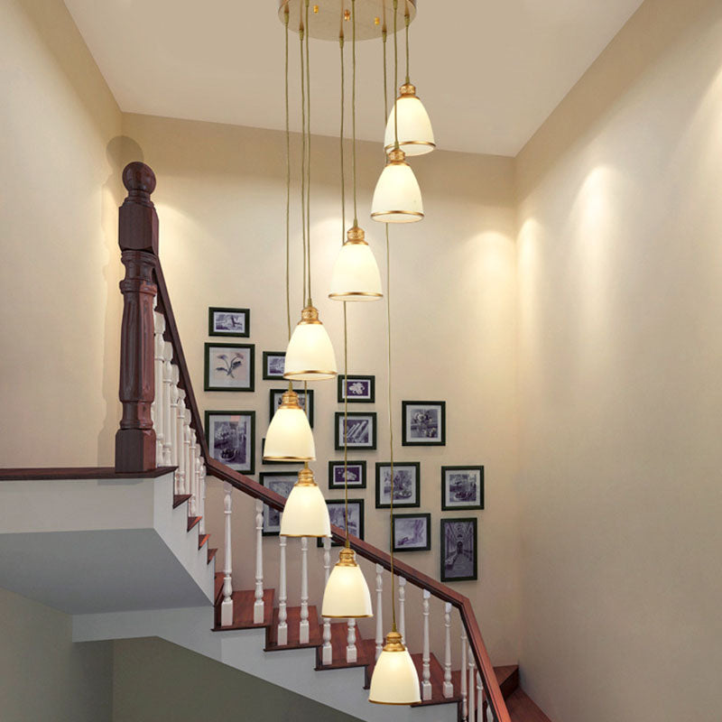 Spiral Bell Shade Staircase Hanging Light Cream Glass Simplicity Multi Light Pendant Clearhalo 'Ceiling Lights' 'Modern Pendants' 'Modern' 'Pendant Lights' 'Pendants' Lighting' 2253594