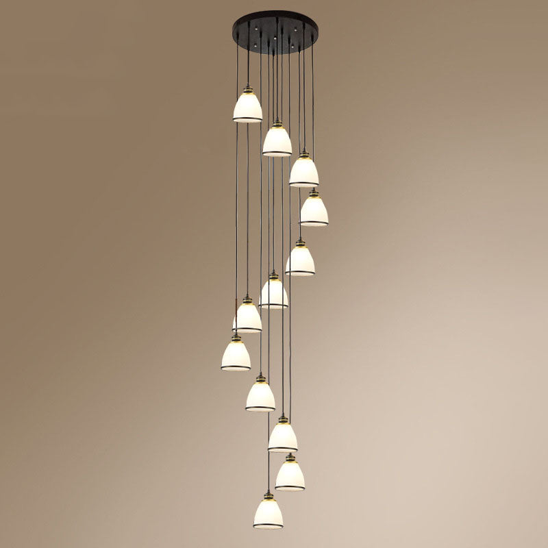 Spiral Bell Shade Staircase Hanging Light Cream Glass Simplicity Multi Light Pendant 12 Black Clearhalo 'Ceiling Lights' 'Modern Pendants' 'Modern' 'Pendant Lights' 'Pendants' Lighting' 2253596