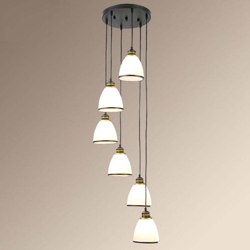 Spiral Bell Shade Staircase Hanging Light Cream Glass Simplicity Multi Light Pendant 6 Black Clearhalo 'Ceiling Lights' 'Modern Pendants' 'Modern' 'Pendant Lights' 'Pendants' Lighting' 2253599