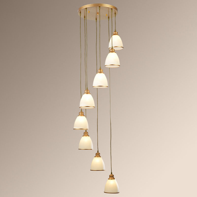 Spiral Bell Shade Staircase Hanging Light Cream Glass Simplicity Multi Light Pendant 8 Gold Clearhalo 'Ceiling Lights' 'Modern Pendants' 'Modern' 'Pendant Lights' 'Pendants' Lighting' 2253600