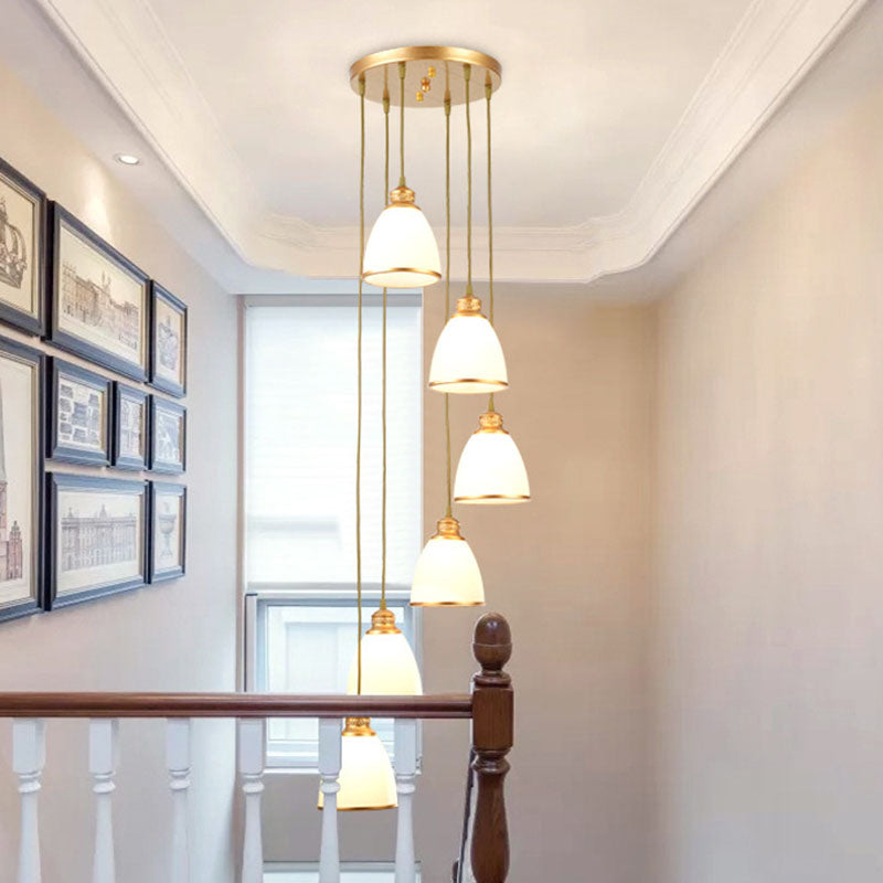 Spiral Bell Shade Staircase Hanging Light Cream Glass Simplicity Multi Light Pendant Clearhalo 'Ceiling Lights' 'Modern Pendants' 'Modern' 'Pendant Lights' 'Pendants' Lighting' 2253601