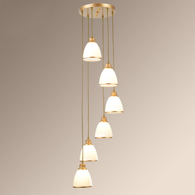 Spiral Bell Shade Staircase Hanging Light Cream Glass Simplicity Multi Light Pendant 6 Gold Clearhalo 'Ceiling Lights' 'Modern Pendants' 'Modern' 'Pendant Lights' 'Pendants' Lighting' 2253602