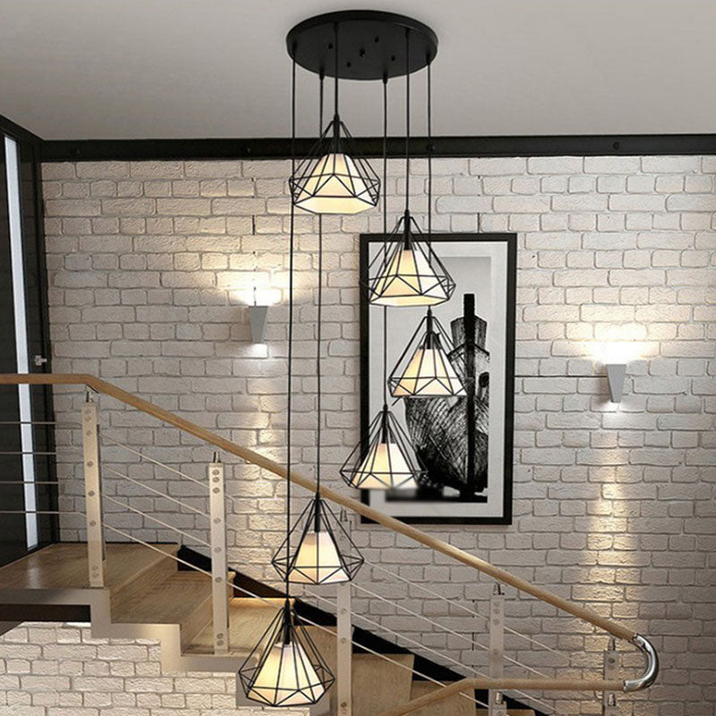 Spiral Diamond Cage Metallic Suspension Light Minimalist 6 Bulbs Black Multi Light Pendant for Stairwell Black Clearhalo 'Ceiling Lights' 'Modern Pendants' 'Modern' 'Pendant Lights' 'Pendants' Lighting' 2253614