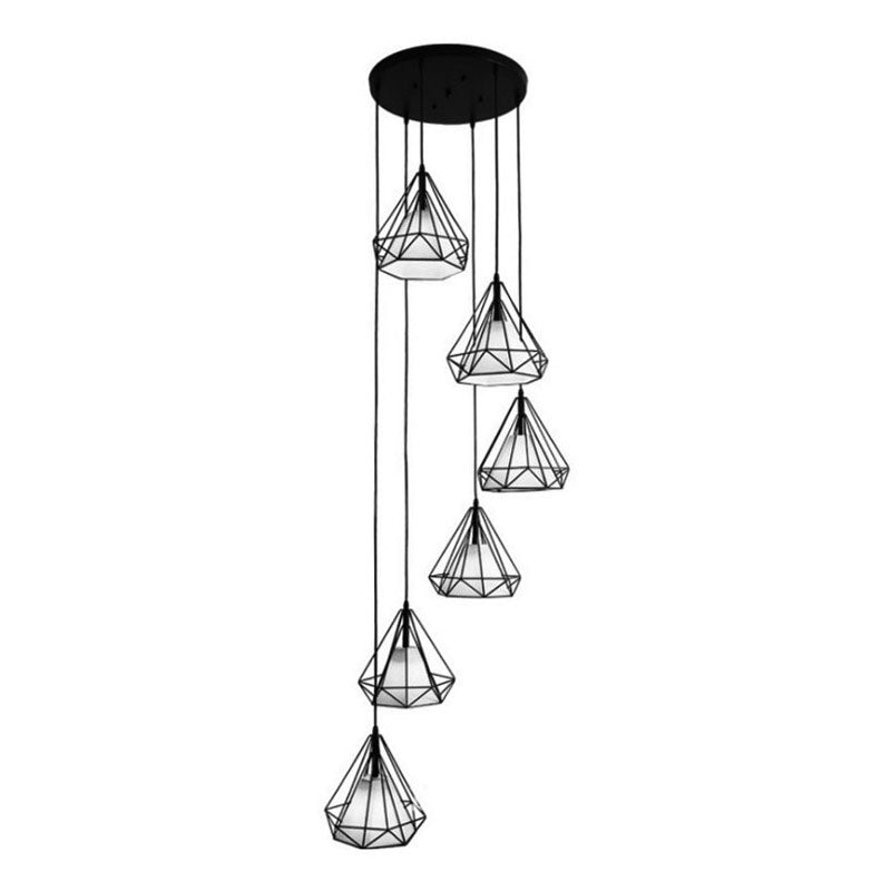 Spiral Diamond Cage Metallic Suspension Light Minimalist 6 Bulbs Black Multi Light Pendant for Stairwell Clearhalo 'Ceiling Lights' 'Modern Pendants' 'Modern' 'Pendant Lights' 'Pendants' Lighting' 2253615