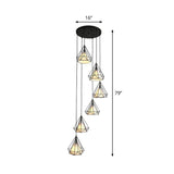 Spiral Diamond Cage Metallic Suspension Light Minimalist 6 Bulbs Black Multi Light Pendant for Stairwell Clearhalo 'Ceiling Lights' 'Modern Pendants' 'Modern' 'Pendant Lights' 'Pendants' Lighting' 2253617