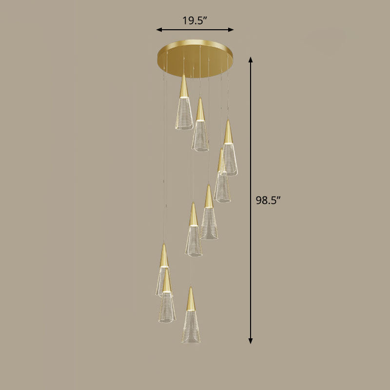 Modern Style Spiral Conical Multi Light Pendant Acrylic Stairwell Hanging Lighting 9 Gold Clearhalo 'Ceiling Lights' 'Modern Pendants' 'Modern' 'Pendant Lights' 'Pendants' Lighting' 2253624