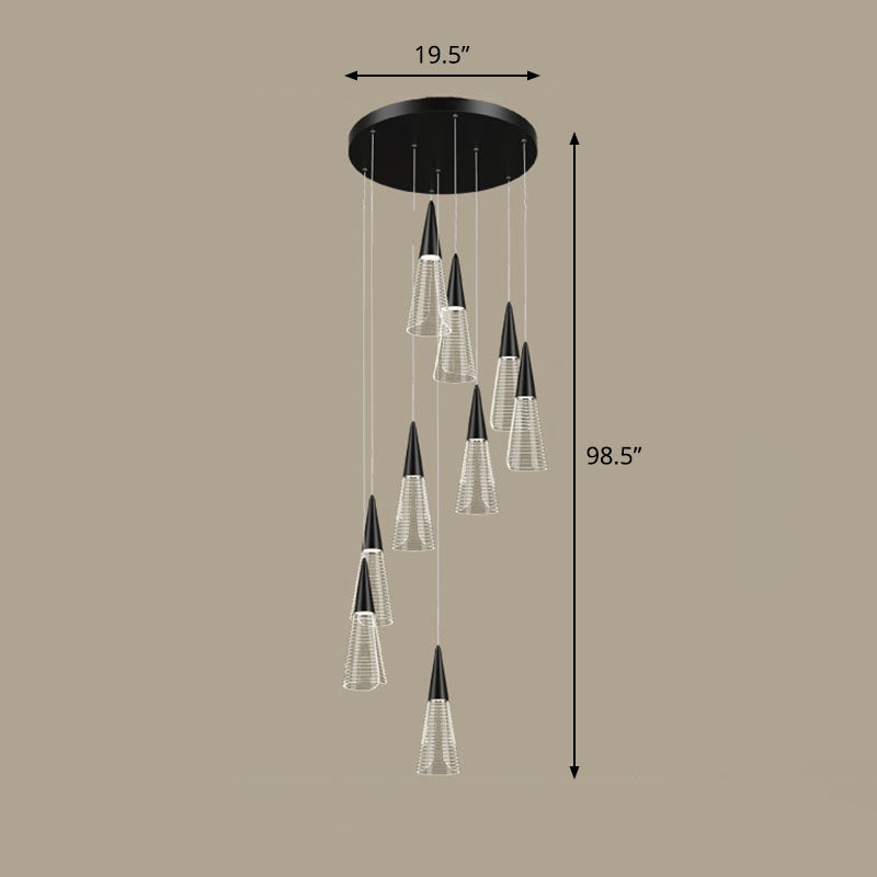 Modern Style Spiral Conical Multi Light Pendant Acrylic Stairwell Hanging Lighting 9 Black Clearhalo 'Ceiling Lights' 'Modern Pendants' 'Modern' 'Pendant Lights' 'Pendants' Lighting' 2253627