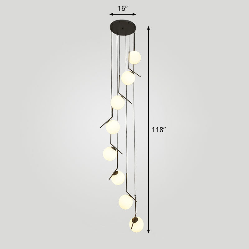 Spiral Globe Stairwell Hanging Lighting Opal Glass Simplicity Multi Light Pendant 8 Black Clearhalo 'Ceiling Lights' 'Modern Pendants' 'Modern' 'Pendant Lights' 'Pendants' Lighting' 2253644