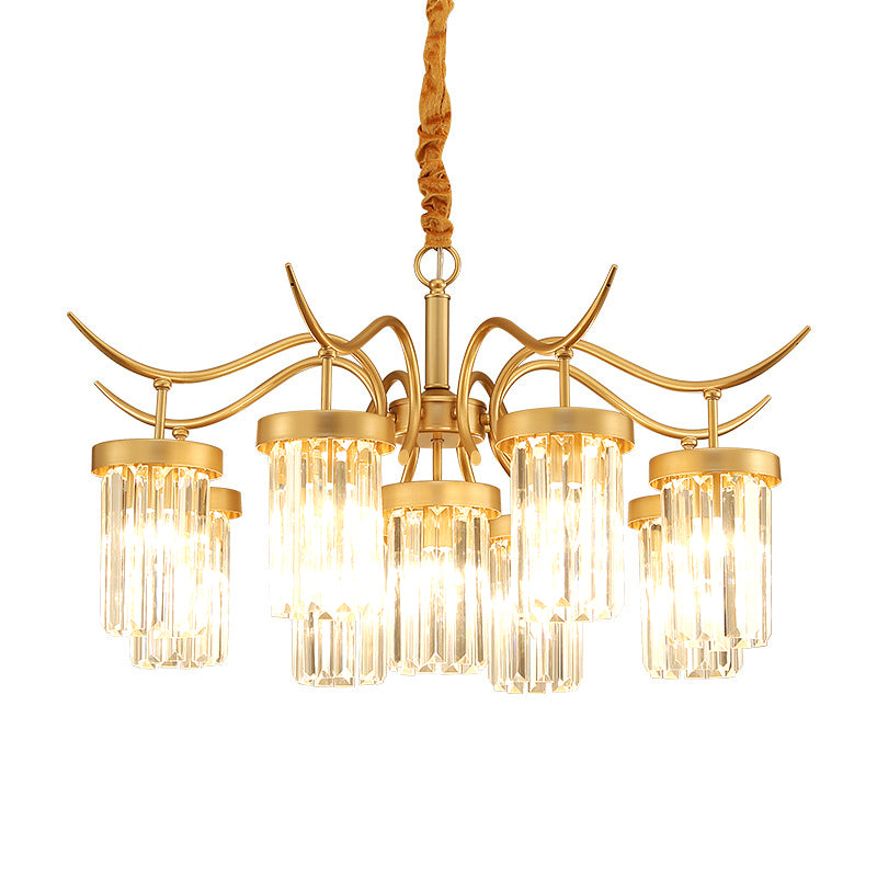 Crystal Cylindrical Chandelier Light Modernism 7/9-Head Hanging Ceiling Light in Brass Clearhalo 'Ceiling Lights' 'Chandeliers' 'Modern Chandeliers' 'Modern' Lighting' 225404