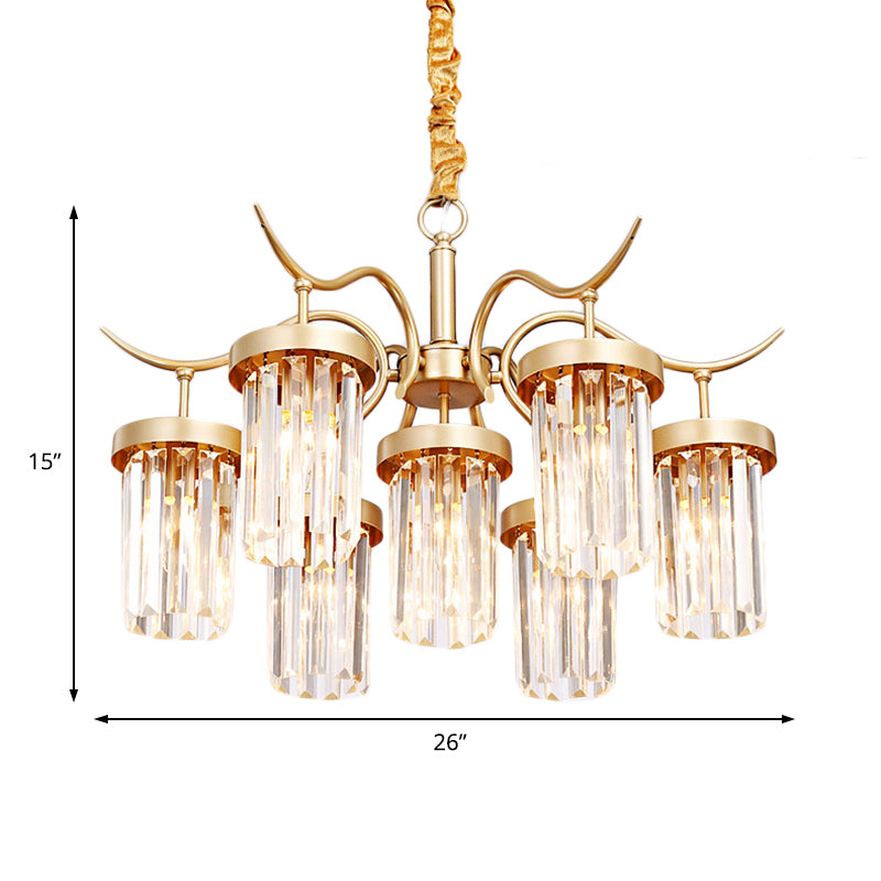 Crystal Cylindrical Chandelier Light Modernism 7/9-Head Hanging Ceiling Light in Brass Clearhalo 'Ceiling Lights' 'Chandeliers' 'Modern Chandeliers' 'Modern' Lighting' 225409