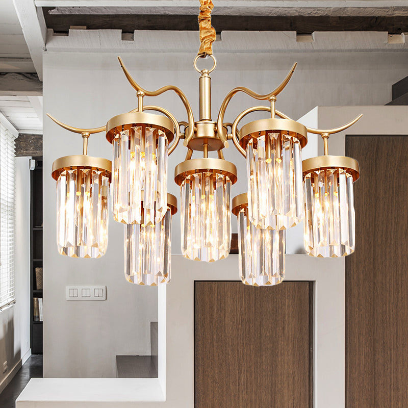 Crystal Cylindrical Chandelier Light Modernism 7/9-Head Hanging Ceiling Light in Brass Clearhalo 'Ceiling Lights' 'Chandeliers' 'Modern Chandeliers' 'Modern' Lighting' 225411