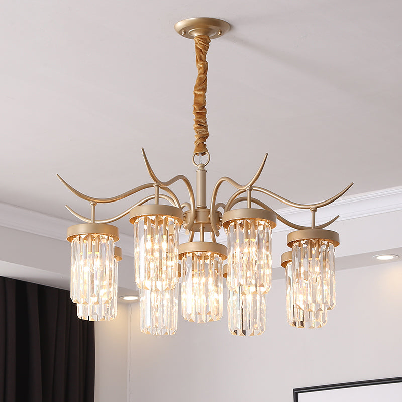 Crystal Cylindrical Chandelier Light Modernism 7/9-Head Hanging Ceiling Light in Brass 9 Brass Clearhalo 'Ceiling Lights' 'Chandeliers' 'Modern Chandeliers' 'Modern' Lighting' 225414