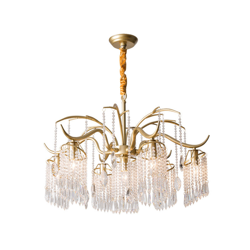 Beaded Crystal Chandelier Contemporary 3/7 Lights Brass Bedroom Ceiling Pendant Light Clearhalo 'Ceiling Lights' 'Chandeliers' 'Modern Chandeliers' 'Modern' Lighting' 225417