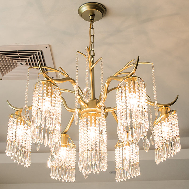 Beaded Crystal Chandelier Contemporary 3/7 Lights Brass Bedroom Ceiling Pendant Light 7 Brass Clearhalo 'Ceiling Lights' 'Chandeliers' 'Modern Chandeliers' 'Modern' Lighting' 225425