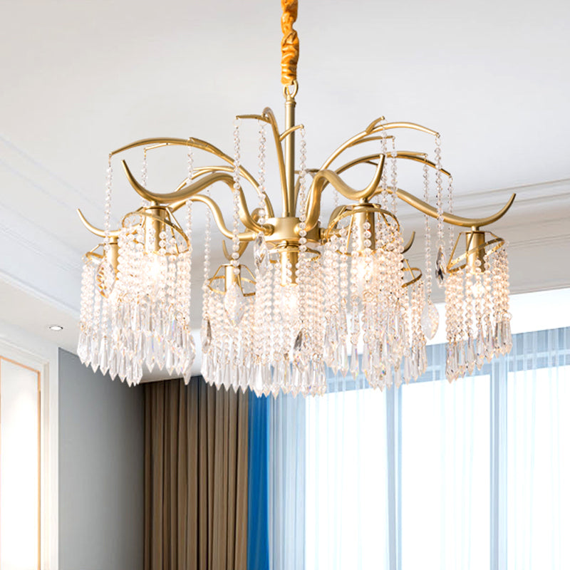 Beaded Crystal Chandelier Contemporary 3/7 Lights Brass Bedroom Ceiling Pendant Light Clearhalo 'Ceiling Lights' 'Chandeliers' 'Modern Chandeliers' 'Modern' Lighting' 225426