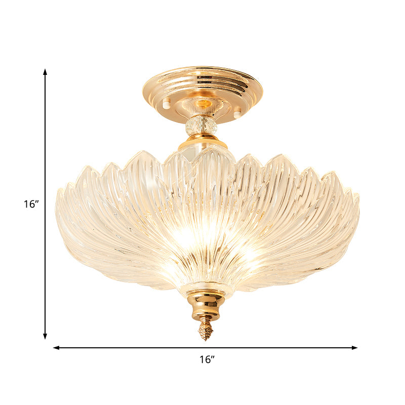 12"/16" Dia Flared Semi Flush Mount Light Modern Ribbed Glass 1 Light Ceiling Lamp in Black/Gold with Crystal Stands Clearhalo 'Ceiling Lights' 'Close To Ceiling Lights' 'Close to ceiling' 'Semi-flushmount' Lighting' 225447