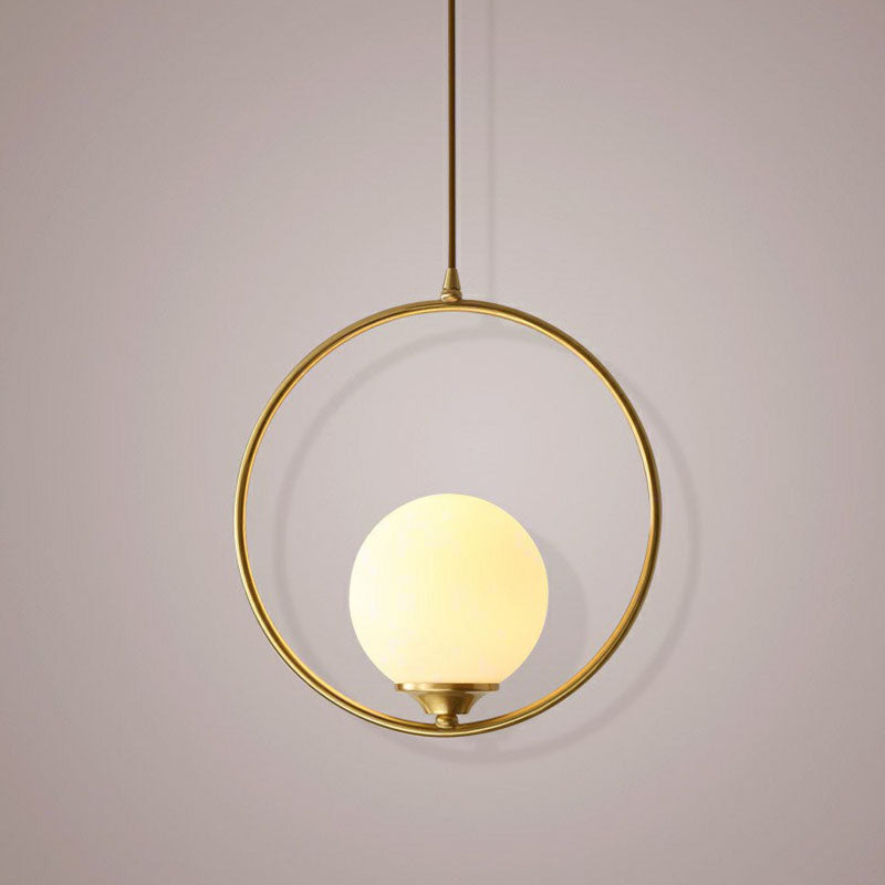 Antiqued Gold Ball Shaped Ceiling Lamp Minimalist 1 Bulb Cream Glass Suspension Light with Ring Decoration Clearhalo 'Ceiling Lights' 'Modern Pendants' 'Modern' 'Pendant Lights' 'Pendants' Lighting' 2254492