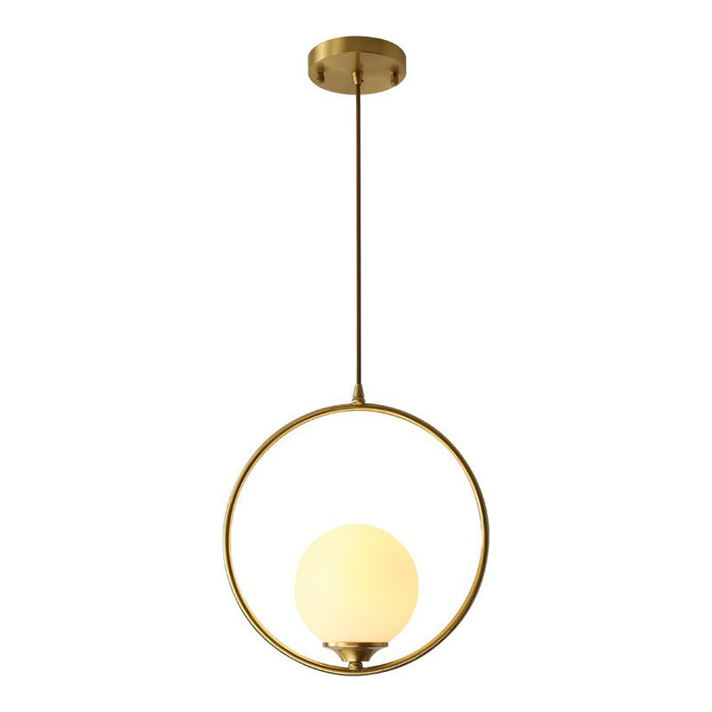 Antiqued Gold Ball Shaped Ceiling Lamp Minimalist 1 Bulb Cream Glass Suspension Light with Ring Decoration Clearhalo 'Ceiling Lights' 'Modern Pendants' 'Modern' 'Pendant Lights' 'Pendants' Lighting' 2254493
