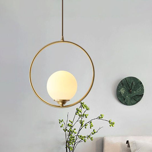 Antiqued Gold Ball Shaped Ceiling Lamp Minimalist 1 Bulb Cream Glass Suspension Light with Ring Decoration Clearhalo 'Ceiling Lights' 'Modern Pendants' 'Modern' 'Pendant Lights' 'Pendants' Lighting' 2254495