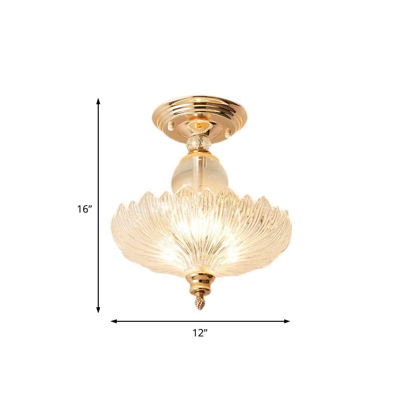 12"/16" Dia Flared Semi Flush Mount Light Modern Ribbed Glass 1 Light Ceiling Lamp in Black/Gold with Crystal Stands Clearhalo 'Ceiling Lights' 'Close To Ceiling Lights' 'Close to ceiling' 'Semi-flushmount' Lighting' 225452