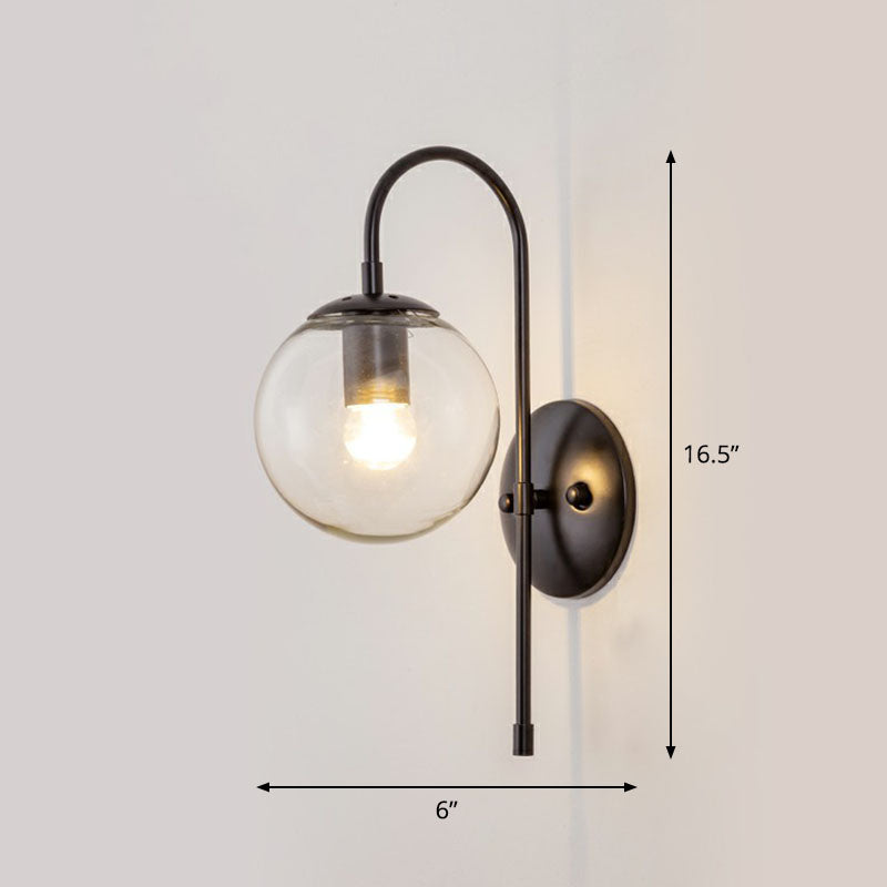 Gooseneck Restaurant Wall Lighting Ideas Metal 1-Light Minimalist Wall Sconce with Ball Glass Shade Black Clear Clearhalo 'Cast Iron' 'Glass' 'Industrial' 'Modern wall lights' 'Modern' 'Tiffany' 'Traditional wall lights' 'Wall Lamps & Sconces' 'Wall Lights' Lighting' 2254527