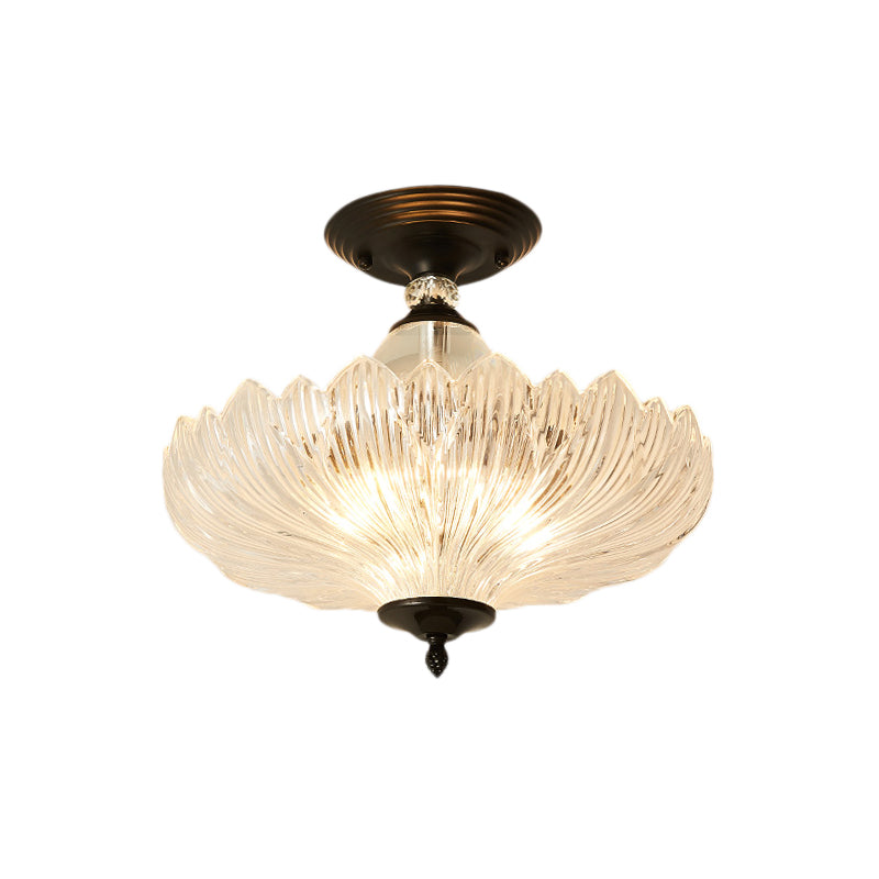 12"/16" Dia Flared Semi Flush Mount Light Modern Ribbed Glass 1 Light Ceiling Lamp in Black/Gold with Crystal Stands Clearhalo 'Ceiling Lights' 'Close To Ceiling Lights' 'Close to ceiling' 'Semi-flushmount' Lighting' 225455