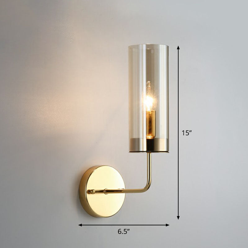 Brass Tube Wall Mounted Light Postmodern 1-Bulb Metal LED Sconce Lamp with  Disk Top - Clearhalo