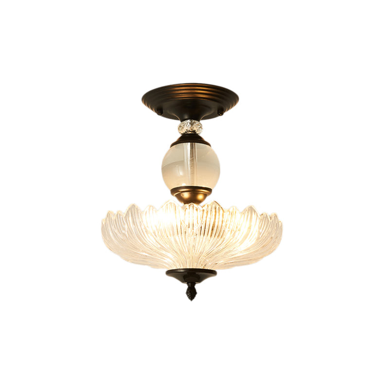 12"/16" Dia Flared Semi Flush Mount Light Modern Ribbed Glass 1 Light Ceiling Lamp in Black/Gold with Crystal Stands Clearhalo 'Ceiling Lights' 'Close To Ceiling Lights' 'Close to ceiling' 'Semi-flushmount' Lighting' 225458