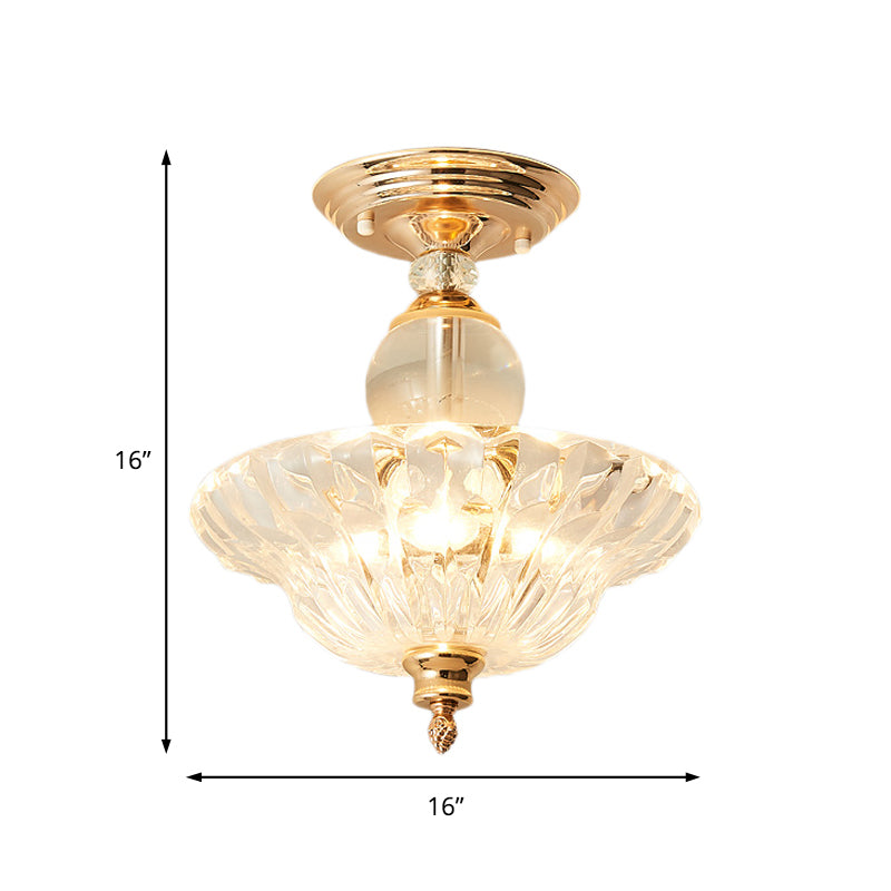 12"/16" Dia Flared Semi Flush Mount Light Modern Ribbed Glass 1 Light Ceiling Lamp in Black/Gold with Crystal Stands Clearhalo 'Ceiling Lights' 'Close To Ceiling Lights' 'Close to ceiling' 'Semi-flushmount' Lighting' 225473