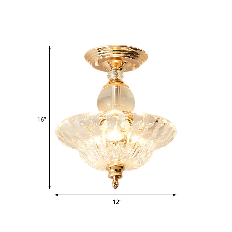 12"/16" Dia Flared Semi Flush Mount Light Modern Ribbed Glass 1 Light Ceiling Lamp in Black/Gold with Crystal Stands Clearhalo 'Ceiling Lights' 'Close To Ceiling Lights' 'Close to ceiling' 'Semi-flushmount' Lighting' 225477