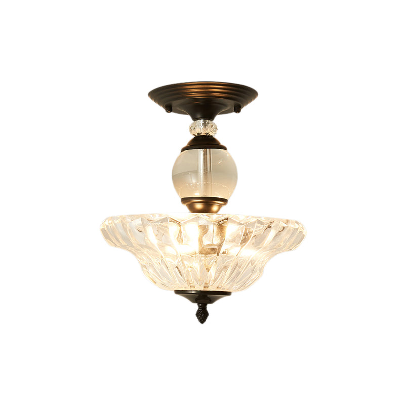 12"/16" Dia Flared Semi Flush Mount Light Modern Ribbed Glass 1 Light Ceiling Lamp in Black/Gold with Crystal Stands Clearhalo 'Ceiling Lights' 'Close To Ceiling Lights' 'Close to ceiling' 'Semi-flushmount' Lighting' 225482