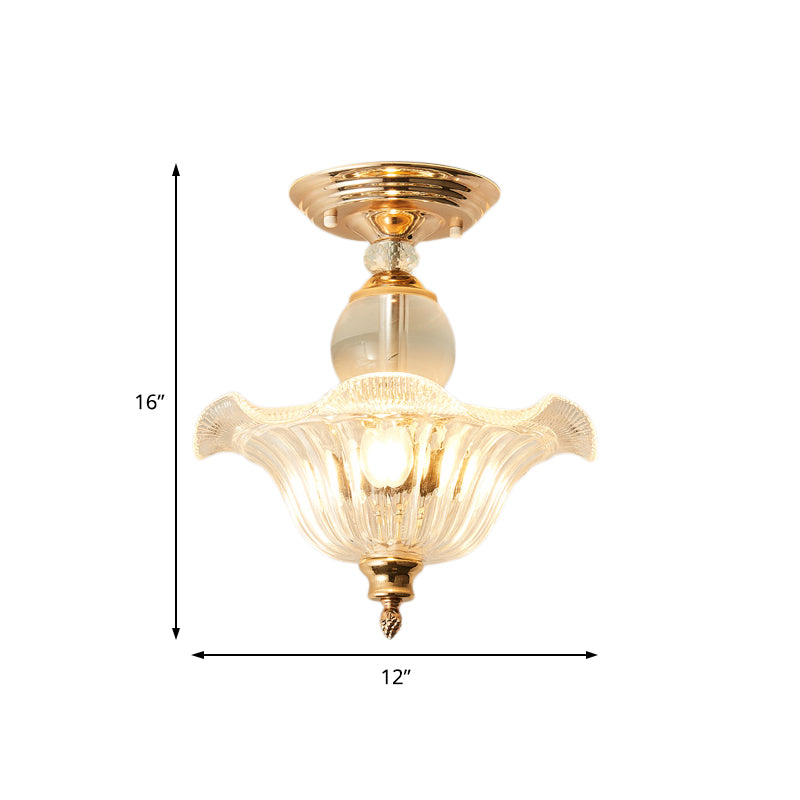 12"/16" Dia Flared Semi Flush Mount Light Modern Ribbed Glass 1 Light Ceiling Lamp in Black/Gold with Crystal Stands Clearhalo 'Ceiling Lights' 'Close To Ceiling Lights' 'Close to ceiling' 'Semi-flushmount' Lighting' 225489