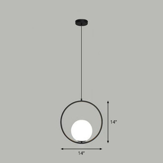 Ball Ceiling Suspension Lamp Simple Style White Glass Single Pendant Light with Metal Ring Black 14" Clearhalo 'Ceiling Lights' 'Modern Pendants' 'Modern' 'Pendant Lights' 'Pendants' Lighting' 2254900