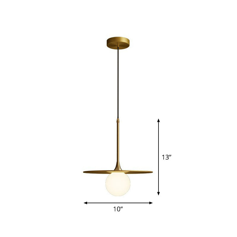 Flat Metallic Ceiling Light Simplicity Single-Bulb Hanging Pendant Lamp with Ball White Glass Shade Gold Clearhalo 'Ceiling Lights' 'Modern Pendants' 'Modern' 'Pendant Lights' 'Pendants' Lighting' 2254936