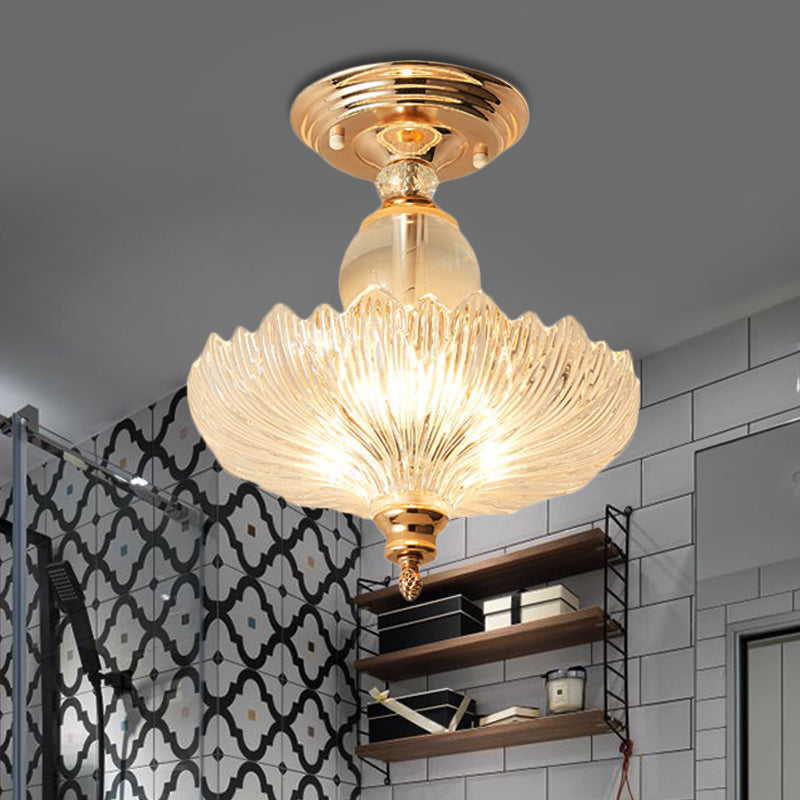 12"/16" Dia Flared Semi Flush Mount Light Modern Ribbed Glass 1 Light Ceiling Lamp in Black/Gold with Crystal Stands Gold 12" A Clearhalo 'Ceiling Lights' 'Close To Ceiling Lights' 'Close to ceiling' 'Semi-flushmount' Lighting' 225494