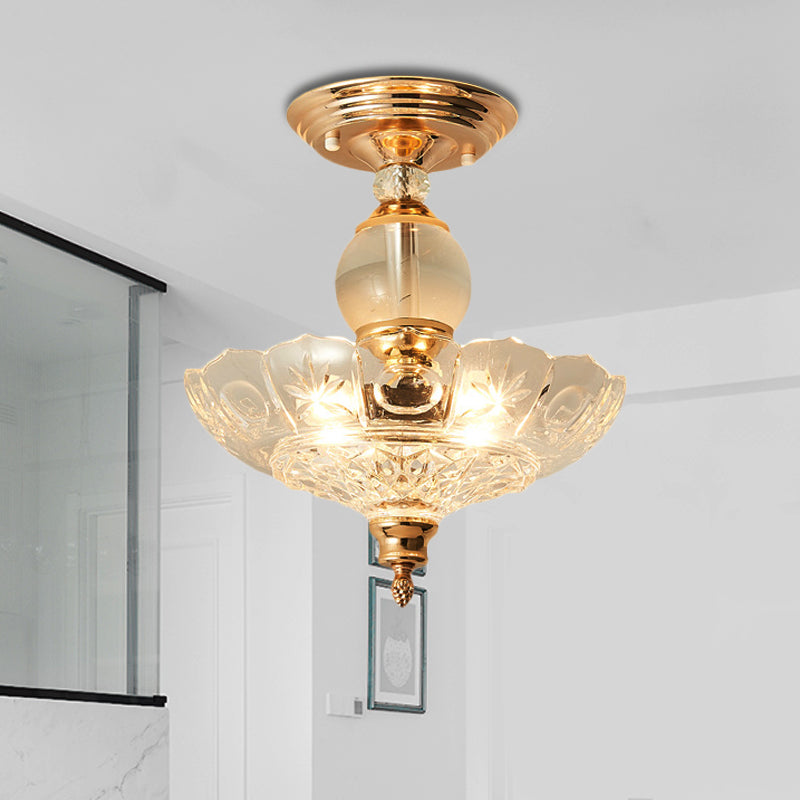 12"/16" Dia Flared Semi Flush Mount Light Modern Ribbed Glass 1 Light Ceiling Lamp in Black/Gold with Crystal Stands Gold 12" B Clearhalo 'Ceiling Lights' 'Close To Ceiling Lights' 'Close to ceiling' 'Semi-flushmount' Lighting' 225496