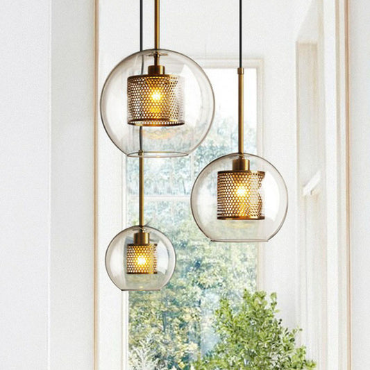 Clear Glass Sphere Suspension Lamp Modern 1 Bulb Hanging Pendant Light with Mesh Screen Clearhalo 'Ceiling Lights' 'Modern Pendants' 'Modern' 'Pendant Lights' 'Pendants' Lighting' 2254967