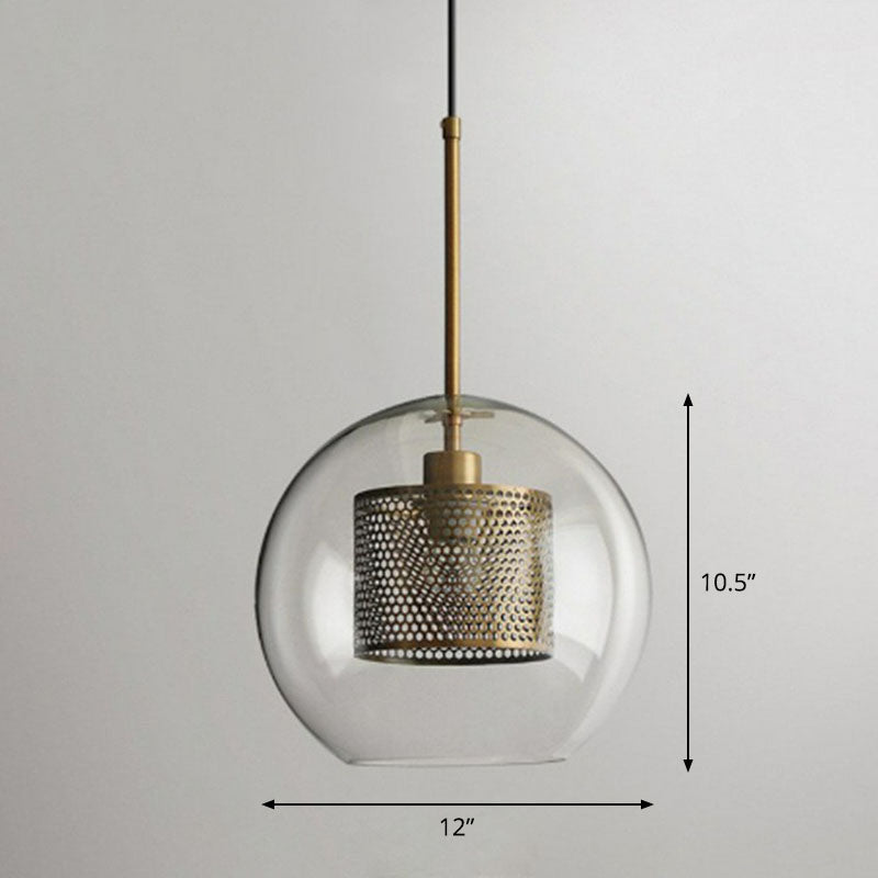 Clear Glass Sphere Suspension Lamp Modern 1 Bulb Hanging Pendant Light with Mesh Screen Clearhalo 'Ceiling Lights' 'Modern Pendants' 'Modern' 'Pendant Lights' 'Pendants' Lighting' 2254968