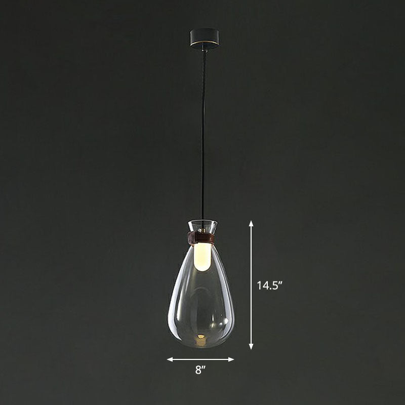 Raindrop Glass Hanging Light Minimalist 1-Light Suspended Lighting Fixture with Leather Strap Clear 8" Clearhalo 'Ceiling Lights' 'Modern Pendants' 'Modern' 'Pendant Lights' 'Pendants' Lighting' 2255040