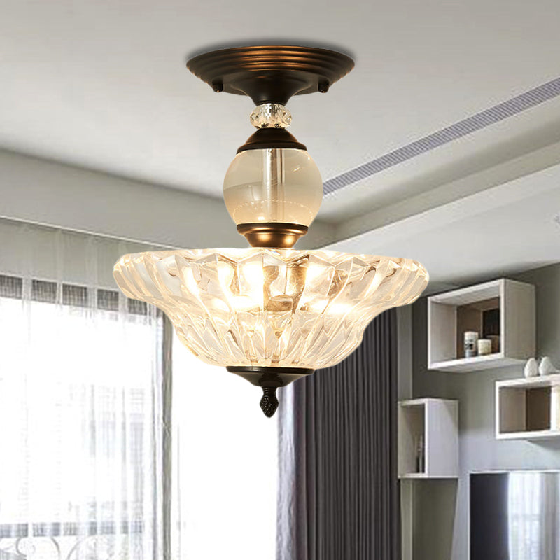 12"/16" Dia Flared Semi Flush Mount Light Modern Ribbed Glass 1 Light Ceiling Lamp in Black/Gold with Crystal Stands Black 16" C Clearhalo 'Ceiling Lights' 'Close To Ceiling Lights' 'Close to ceiling' 'Semi-flushmount' Lighting' 225507