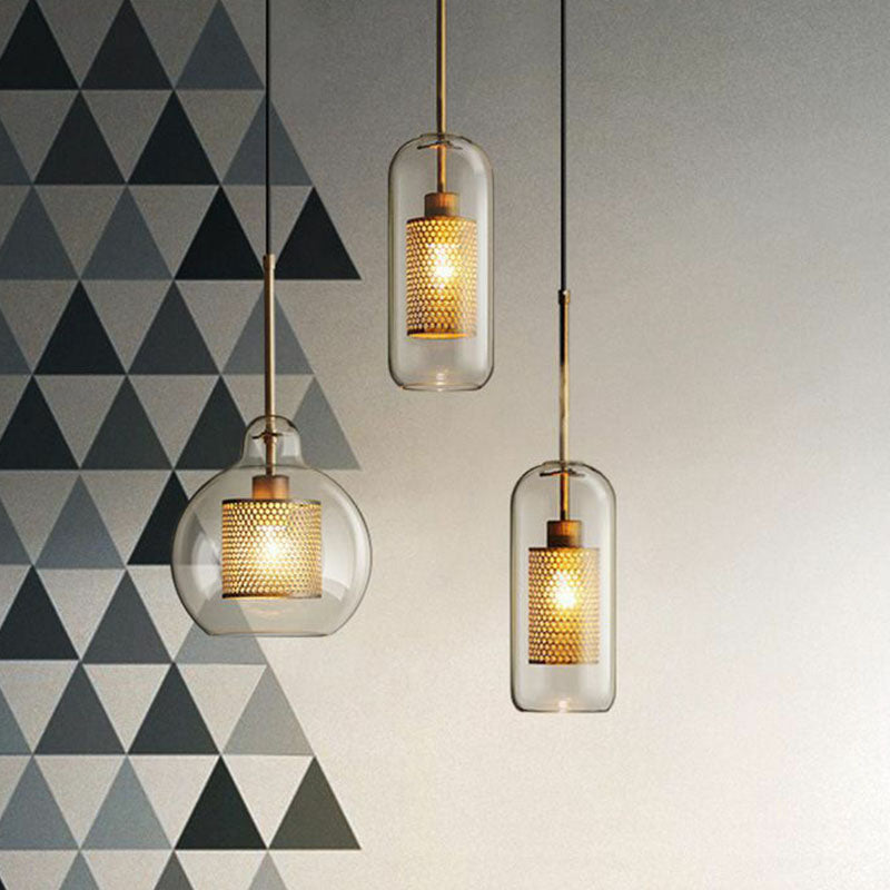 Geometric Clear Glass Pendulum Light Postmodern 1-Light Pendant Lamp with Mesh Guard Clearhalo 'Ceiling Lights' 'Modern Pendants' 'Modern' 'Pendant Lights' 'Pendants' Lighting' 2255077