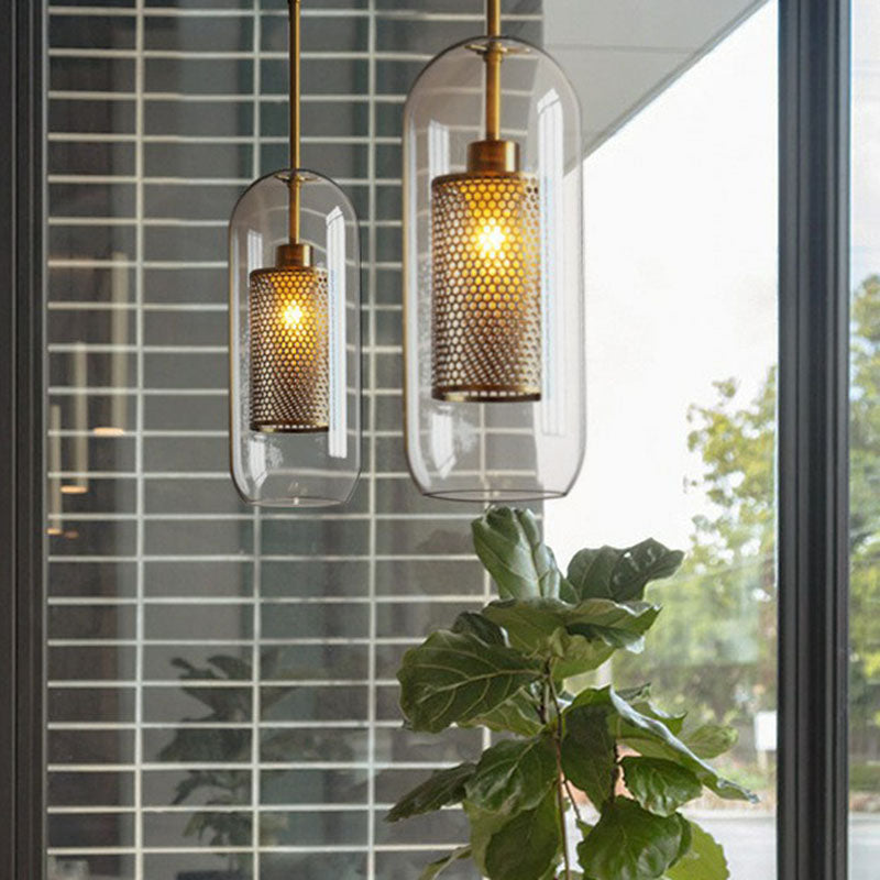 Geometric Clear Glass Pendulum Light Postmodern 1-Light Pendant Lamp with Mesh Guard Clearhalo 'Ceiling Lights' 'Modern Pendants' 'Modern' 'Pendant Lights' 'Pendants' Lighting' 2255078