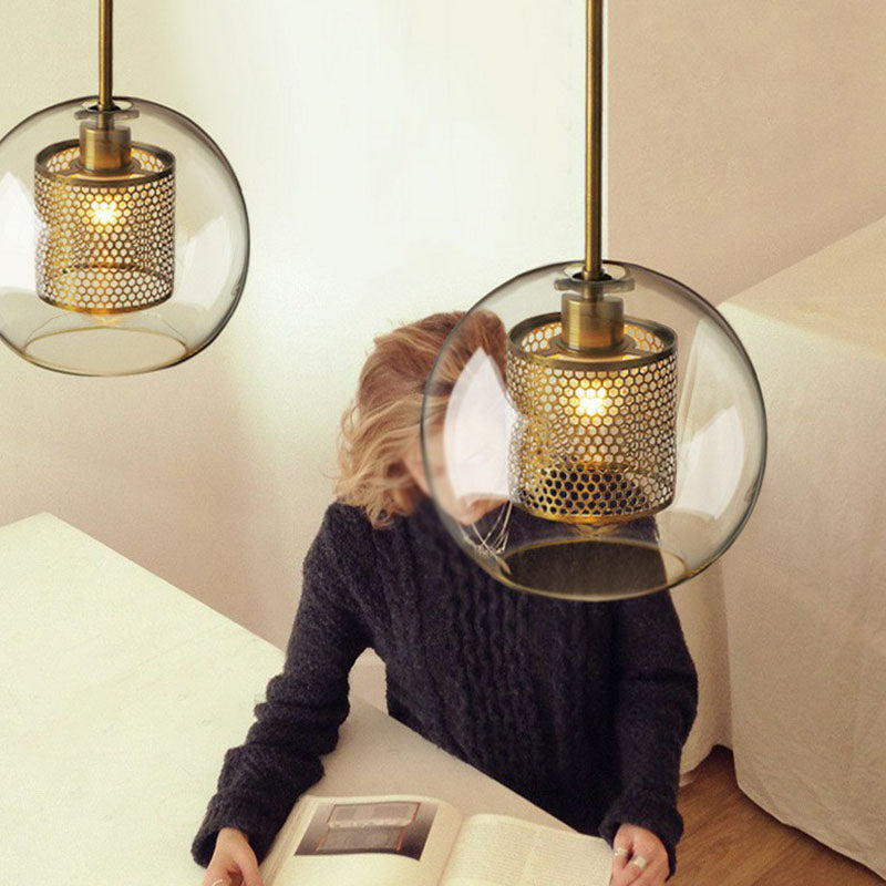 Geometric Clear Glass Pendulum Light Postmodern 1-Light Pendant Lamp with Mesh Guard Clearhalo 'Ceiling Lights' 'Modern Pendants' 'Modern' 'Pendant Lights' 'Pendants' Lighting' 2255079